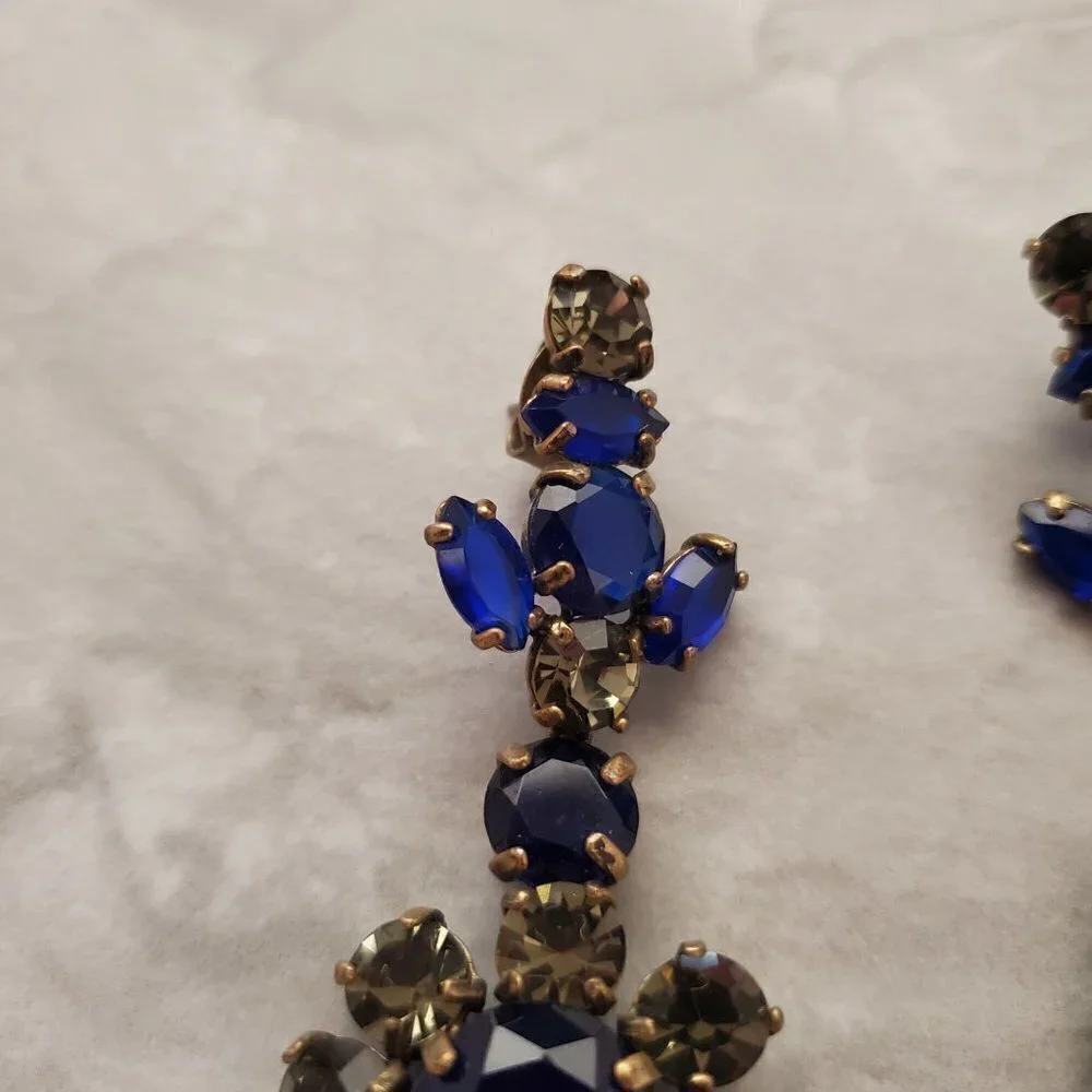 💖 J.Crew Blue Grey Rhinestones Crystals Cluster Statement Drop Dangle Earrings
